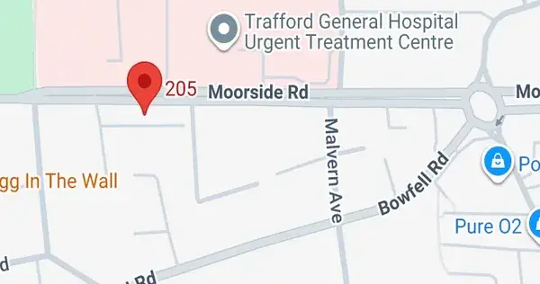 Map showing The Treatment Room location at 205 Moorside Road, Urmston